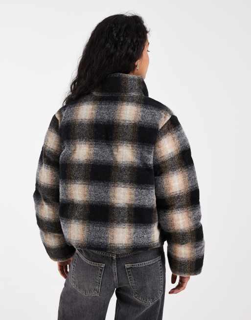 Levi's brynn crop texturedpuffer jacket with check in brown, 4 of 4