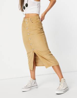 tan button front skirt