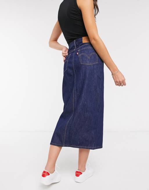 Levi's button front midi skirt in dark wash blue | ASOS