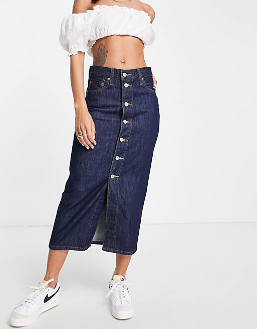 Levi's button front midi skirt in mid wash blue | ASOS