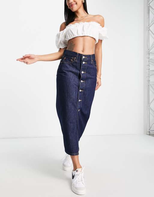 Levi's button front midi skirt in mid wash blue | ASOS