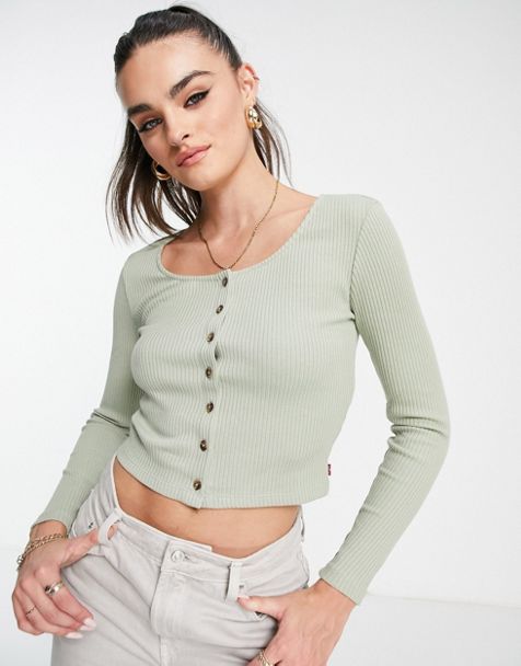 Weekday crochet knitted tie back v shape cami top in pale green