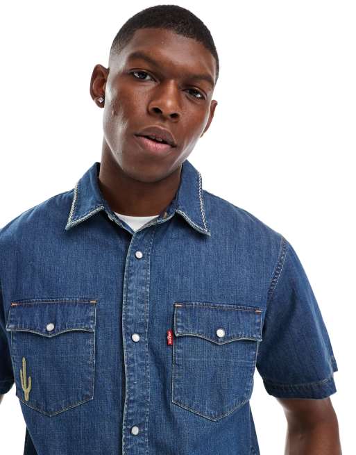 Levi's - Camicia di jeans vestibilità comoda lavaggio medio stile western con ricamo, 3 di 4
