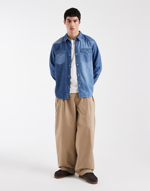 Levi's camicia in denim blu con carré frontale western e cuciture a contrasto, 2 di 5