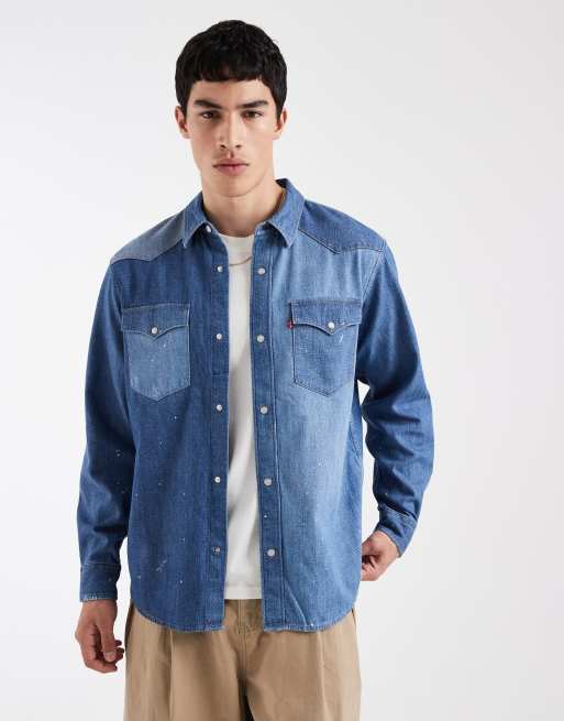 Levi's camicia in denim blu con carré frontale western e cuciture a contrasto, 3 di 5