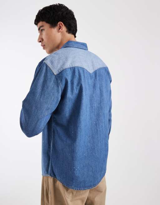 Levi's camicia in denim blu con carré frontale western e cuciture a contrasto, 5 di 5