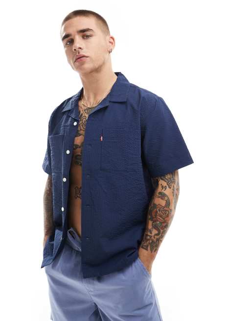 Levi's – Camp – Seersucker-Hemd in Marineblau mit Reverskragen