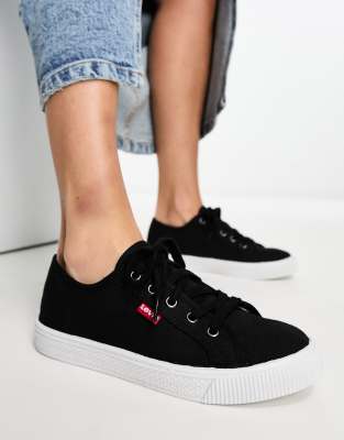 canvas shoe with red tab in black-White