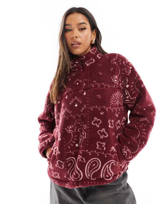 Levi s Canyon half zip bandana print sherpa borg sweatshirt in burgundy ASOS