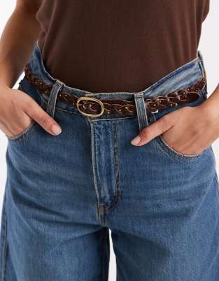 Ceinture fine en cuir tressé - Marron-Brown 70 cm