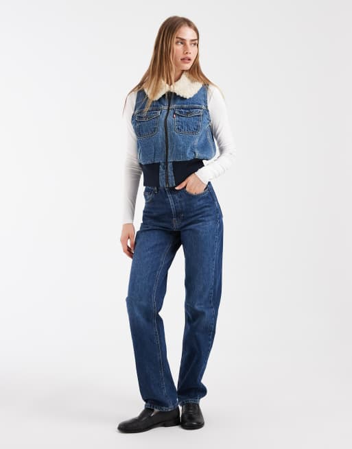 Levi's - chaleco vaquero corto con cremallera y cuello de borreguito en azul, 3 de 4