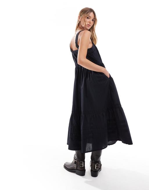 knee length dresses for ladies Black Midi Dress With Delicate Spaghetti Straps and Bow - OH CICI
