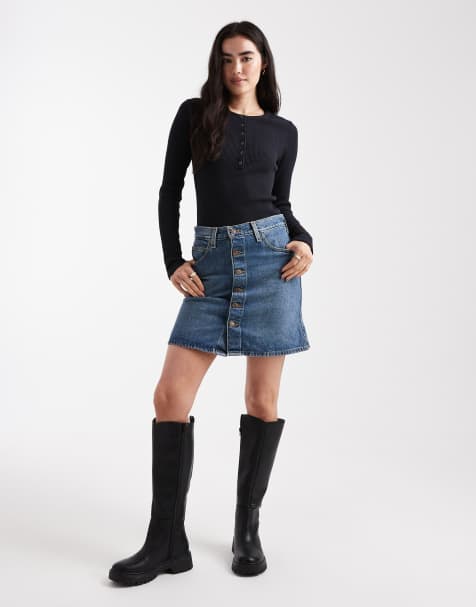 Levi's retro button front denim mini skirt in dark blue