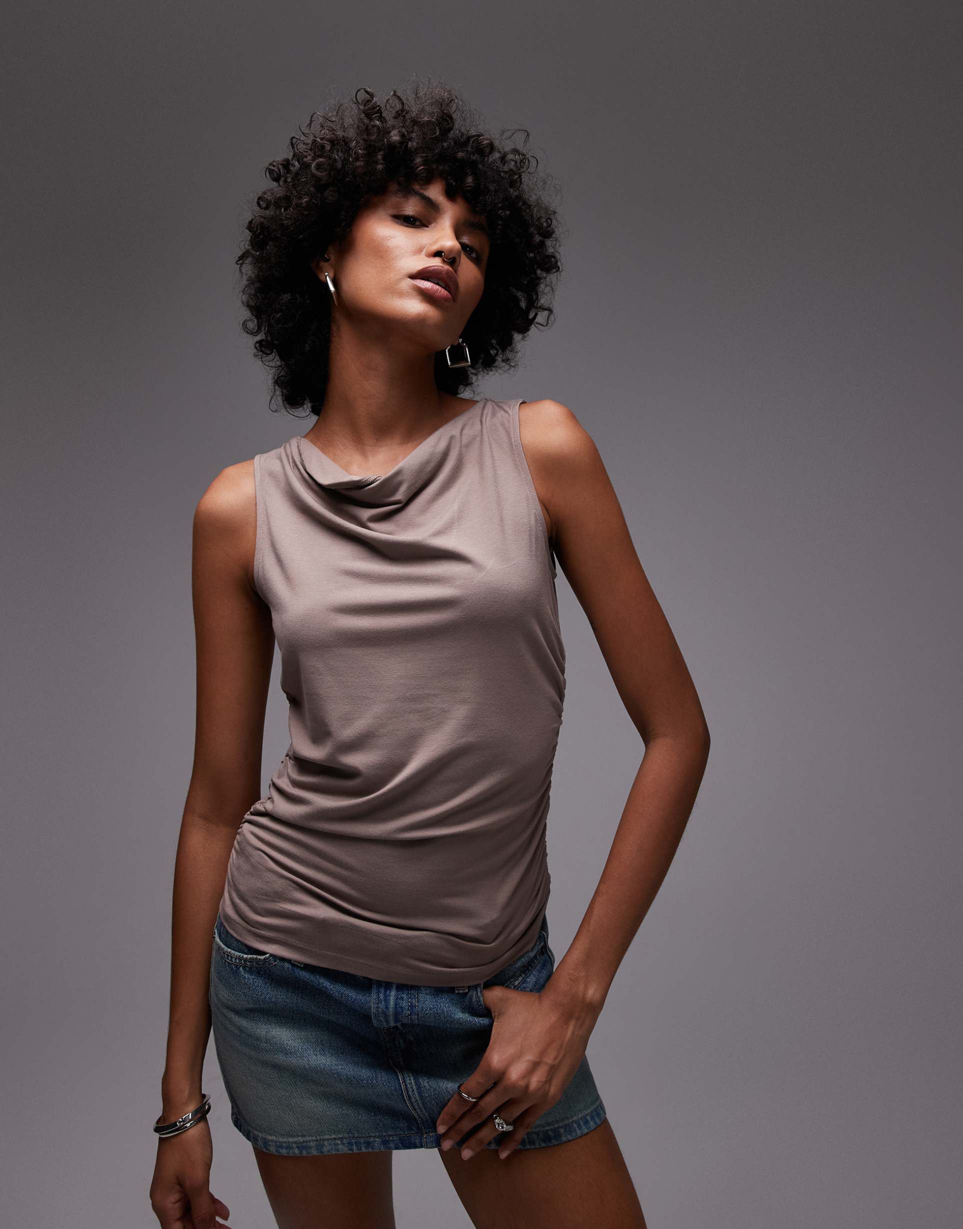 levi's clea ruched cowl tank in taupe