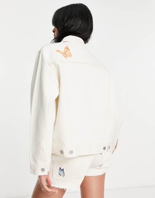 Levi's co-ord ex boyfriend butterfly print denim trucker jacket in off white