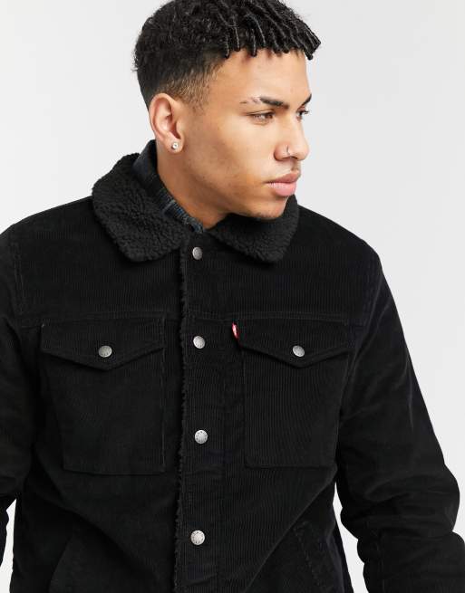 Levi's corduroy military jacket sherpa lining & collar in black | ASOS