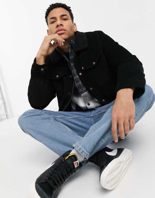 Levi's corduroy military jacket sherpa lining & collar in black | ASOS