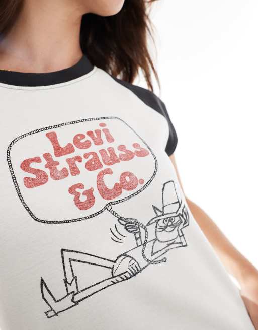Levi's - Cremefarvet baseball-t-shirt uden ærmer med kattecowboy-print, 4 af 4