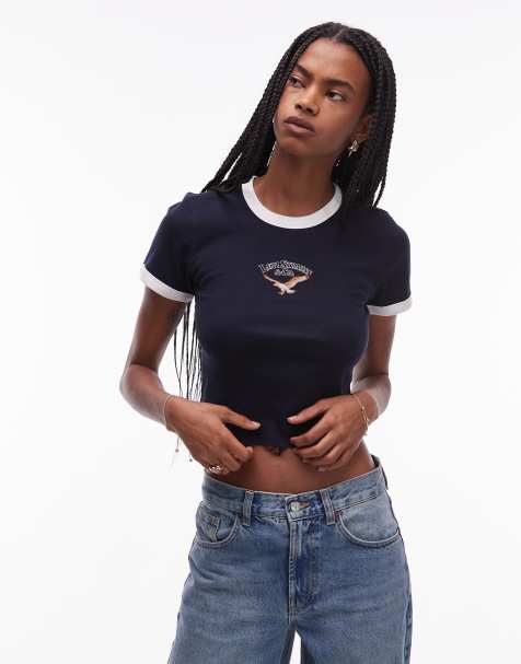 Levi's crop ringer tee with central graphic in navy - view 1
