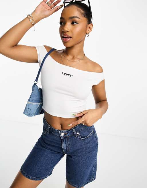 Levi's - Crop tanktop met bardot-hals en logo in wit