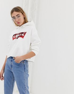 cropped batwing hoodie with sequin logo 