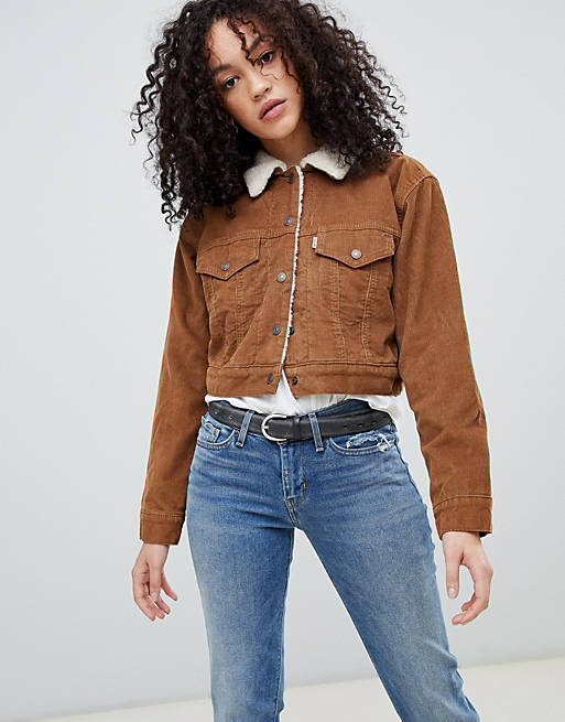 Levi's Cropped Cord Sherpa Trucker Jacket in Tabacco | ASOS