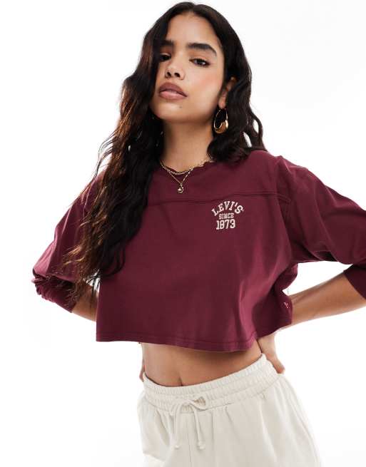Levi's - Cropped football T-shirt met logo en lange mouwen in bordeauxrood