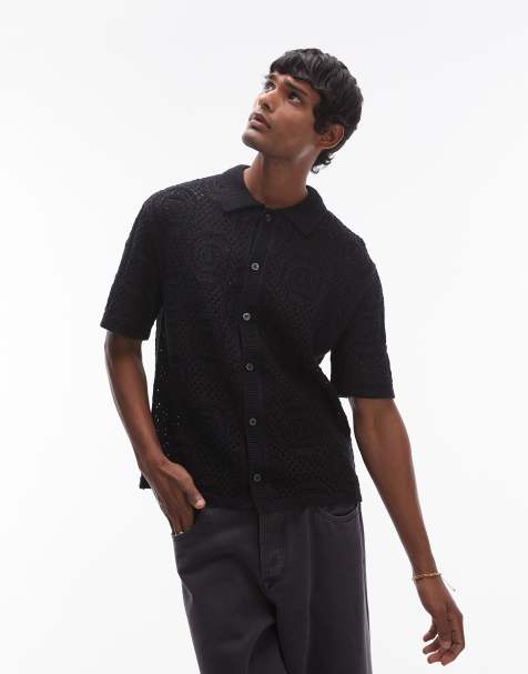 Levi's short sleeve button through pointelle crochet knit camp shirt in black
