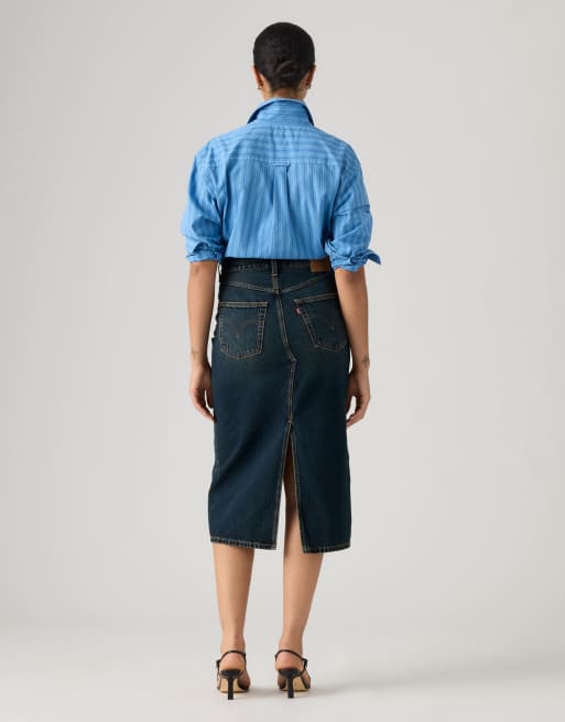 Levi's deconstructed denim midi skirt with slit in dark blue, 2 of 4
