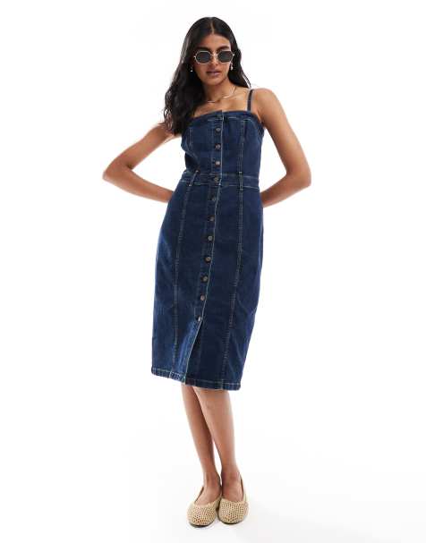 Women's Denim Maxi Dress - Sleeveless, Button Front, With Pockets, Floor Length Casual Party Beach Dress