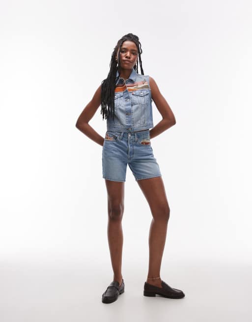 Levi's denim desert embroidered vest and shorts set in light blue
