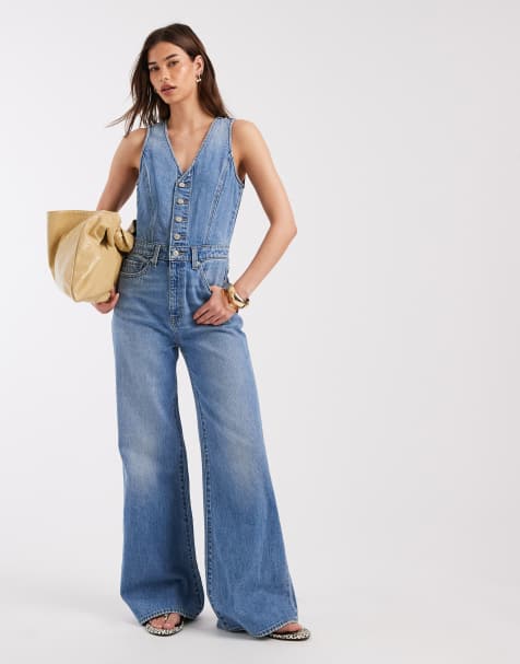 Levi's - Denim jumpsuit met hemd-model en wijde pijpen in middenblauw - view 1