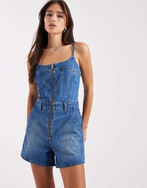 Levi's denim zip front romper in mid blue  - view 1