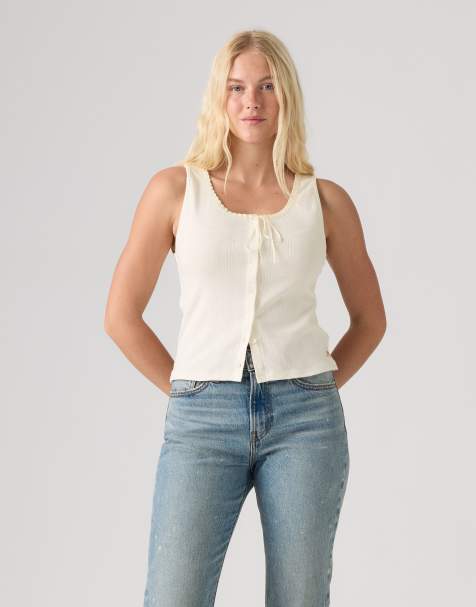 Levi's Dry goods pointelle lace button through tank top with bow in cream - view 1