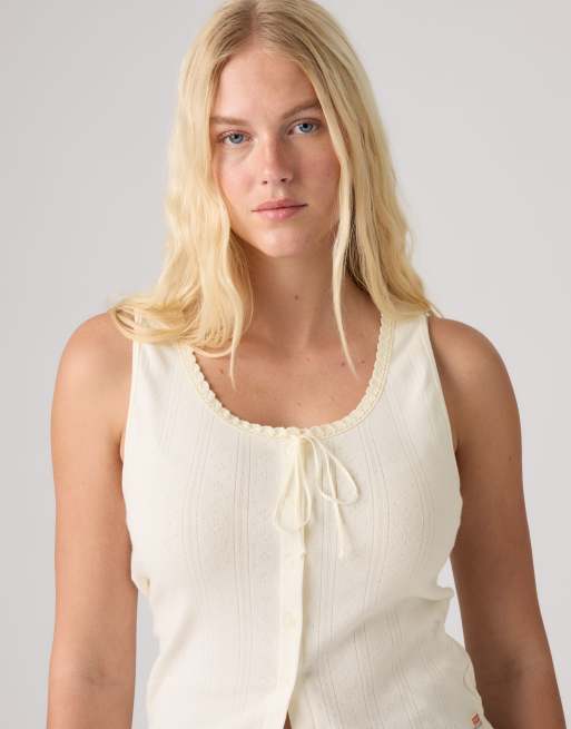 Levi's Dry goods pointelle lace button through tank top with bow in cream, 3 of 4