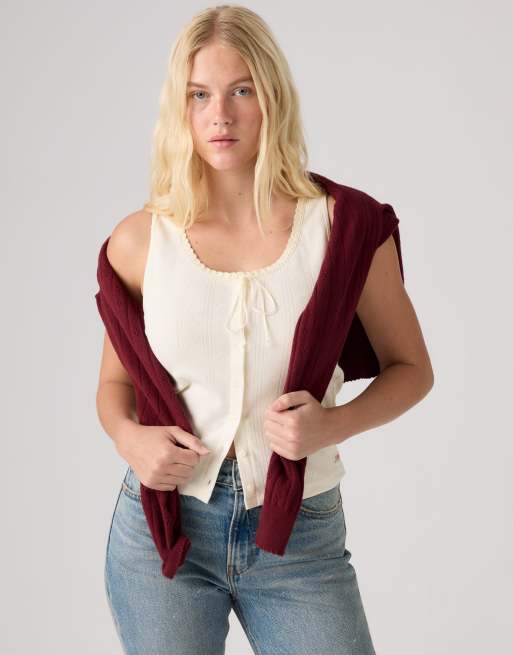 Levi's Dry goods pointelle lace button through tank top with bow in cream, 4 of 4
