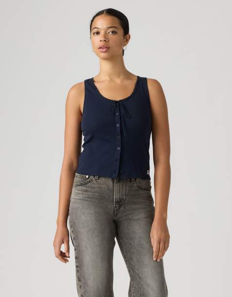 Levi's Dry goods pointelle lace button through tank top with bow in navy - view 1