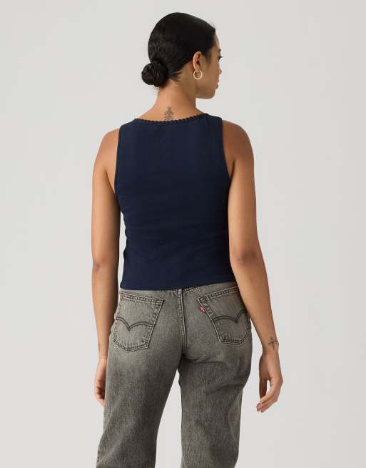 Levi's Dry goods pointelle lace button through tank top with bow in navy, 2 of 4