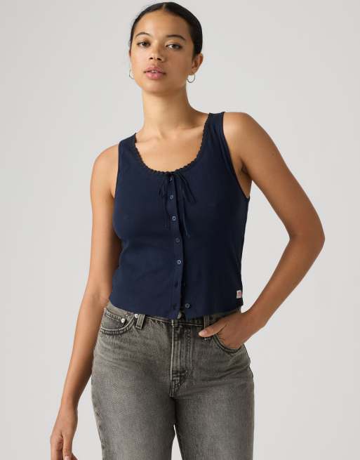 Levi's Dry goods pointelle lace button through tank top with bow in navy, 4 of 4