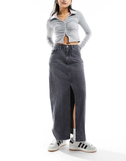 Levi's - Enkellange rechte denim rok met split en wassing in donkergrijs