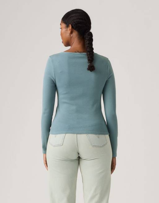 Levi's - Essential - T-shirt blu a maniche lunghe con scollo squadrato, 3 di 4
