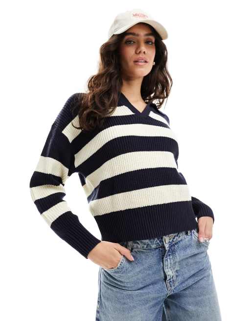 Black and white striped v neck sweater best sale