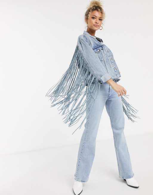 Levi's ex-boyf fringe trucker jacket in light blue | ASOS