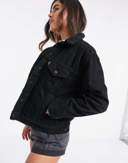 Levi s ex boyfriend Sherpa trucker denim jacket in black ASOS