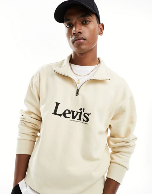 Levi's exclusive to FhyzicsShops half zip sweat with central retro logo in cream
