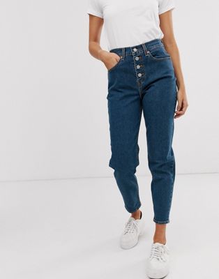 Exposed Button Mom Jeans In Dark Blue 