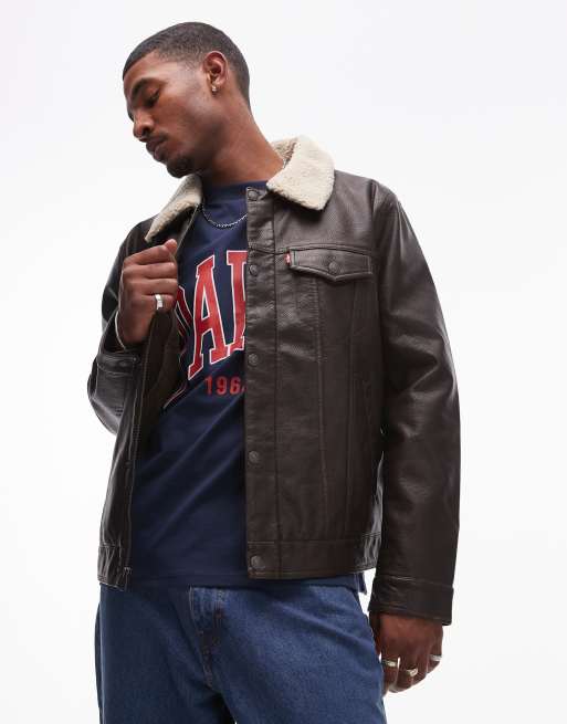 Levi's faux leather detachable sherpa collar padded jacket relaxed fit in brown