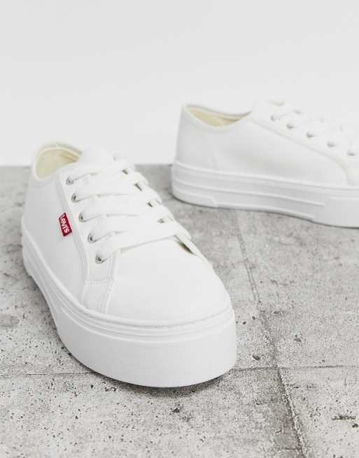 White faux leather store flatform trainers