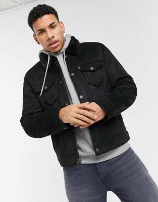 Levi's Men's Big & Tall Sherpa Lined Two Pocket Hooded Trucker Jacket In Black
