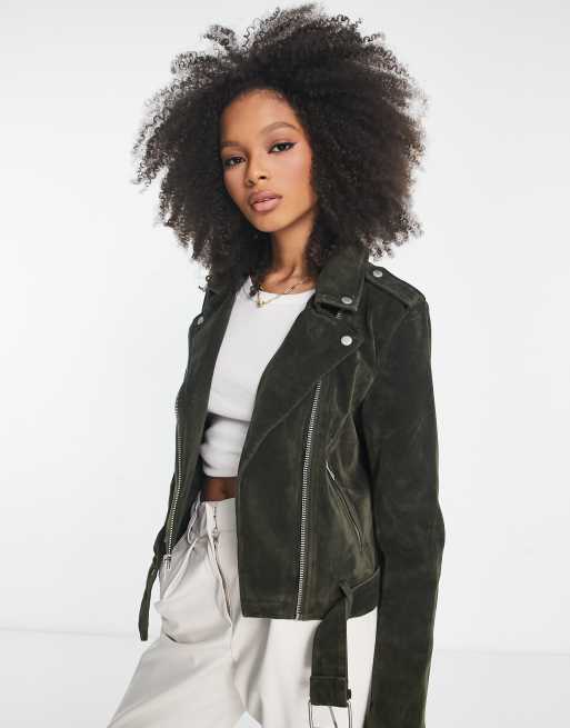 Levi's faux suede belted biker jacket in olive